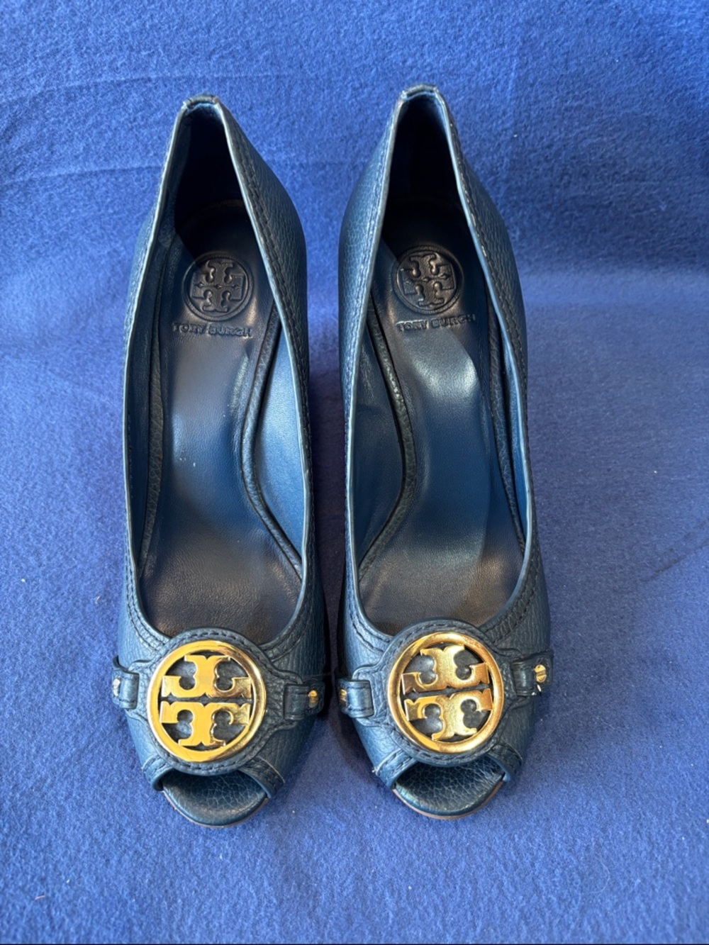 Tory Burch Leticia wedge pumps in navy blue leather